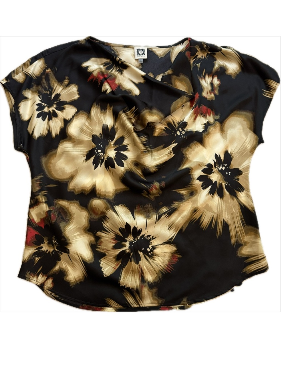 Anne Klein Black Satin Floral Blouse with Gold Bloom Accents